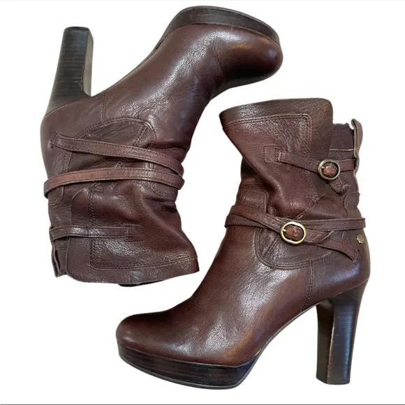 UGG Olivia Brown Leather High Heel Platform ankle Boots 1005645 Women's US 6.5
