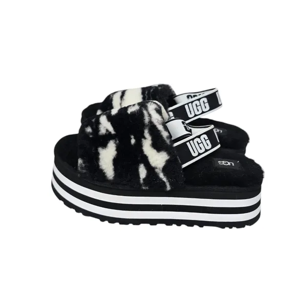 UGG Plush Disco Marble Fluff Wool Blend Retro Slip On Slides Platform Sandals 9