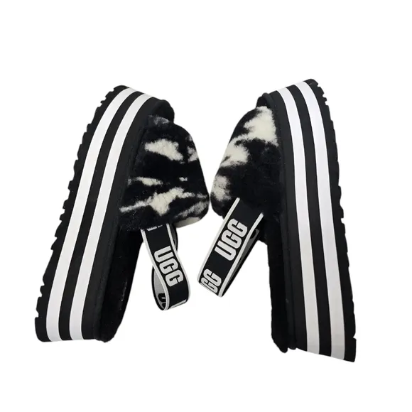 UGG Plush Disco Marble Fluff Wool Blend Retro Slip On Slides Platform Sandals 9