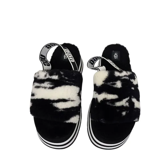 UGG Plush Disco Marble Fluff Wool Blend Retro Slip On Slides Platform Sandals 9