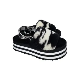UGG Plush Disco Marble Fluff Wool Blend Retro Slip On Slides Platform Sandals 9