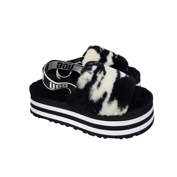 UGG Plush Disco Marble Fluff Wool Blend Retro Slip On Slides Platform Sandals 9