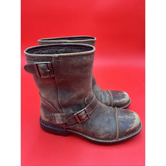 UGG Rockville II Mens 9 Womens 11 Distressed Brown Leather Moto Boots Fur Lined