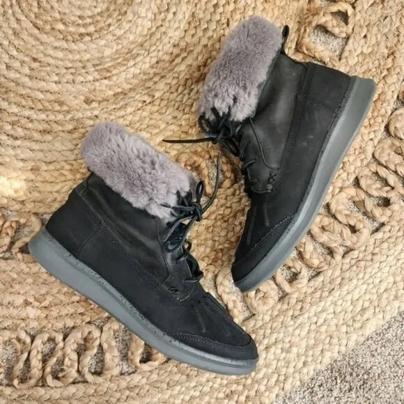 UGG Roseok Black Leather Waterproof Sherpa Treadlite Comfort Boots Outdoor 8 Men