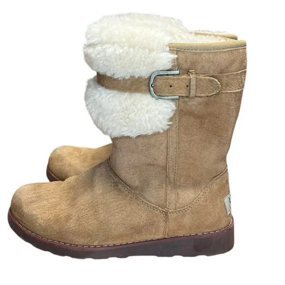UGG Skylir Chestnut Brown Suede Shearling Lined Boots Zipper Youth Size 4 EU 34