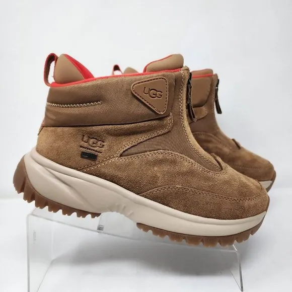 UGG Waterproof Boots Womens 7 Brown Yose Zip Suede Leather Logo Spell Out