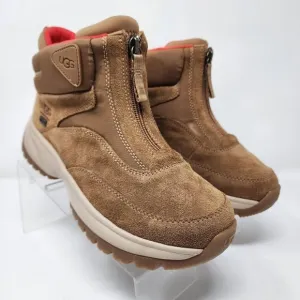 UGG Waterproof Boots Womens 7 Brown Yose Zip Suede Leather Logo Spell Out