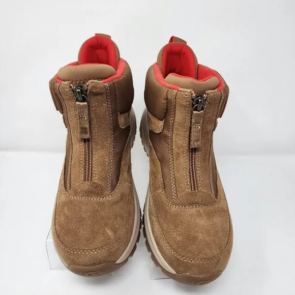 UGG Waterproof Boots Womens 7 Brown Yose Zip Suede Leather Logo Spell Out