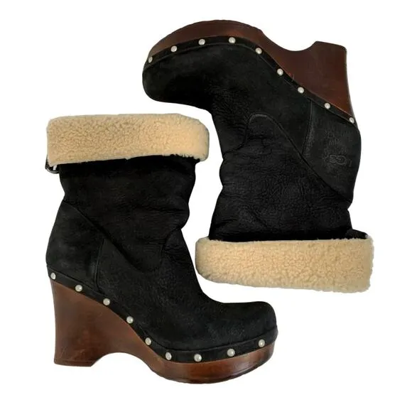 UGG Womans 8 Carnegie Leather Shearling Fur Lined Clog Boots Wood Heel Platform