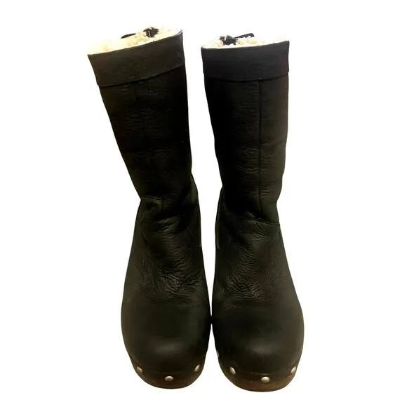 UGG Womans 8 Carnegie Leather Shearling Fur Lined Clog Boots Wood Heel Platform