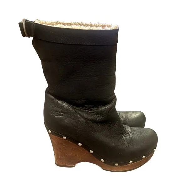 UGG Womans 8 Carnegie Leather Shearling Fur Lined Clog Boots Wood Heel Platform