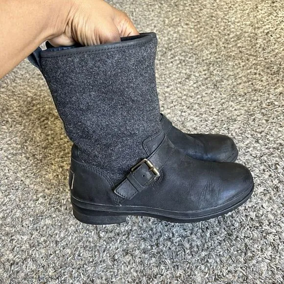 Ugg Women's Robbie Leather &amp; Wool Lined Boots Size 6 Black Side Zip Mid Calf