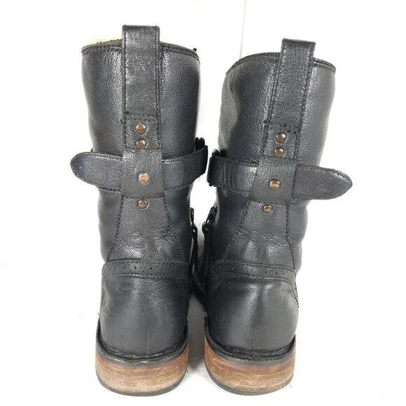 UGG Women's Jenna US8 Black Leather Sheepskin Lined Lace Up Strap Biker Boots