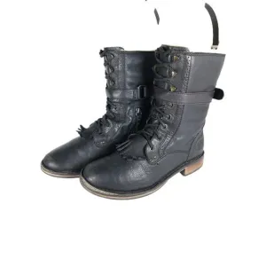 UGG Women's Jenna US8 Black Leather Sheepskin Lined Lace Up Strap Biker Boots