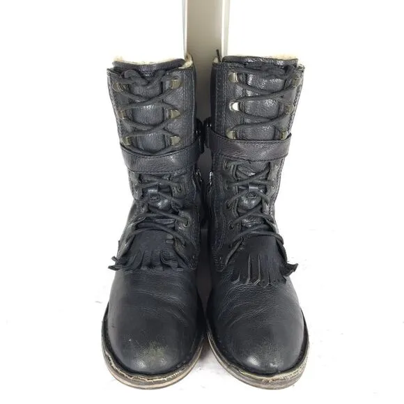 UGG Women's Jenna US8 Black Leather Sheepskin Lined Lace Up Strap Biker Boots