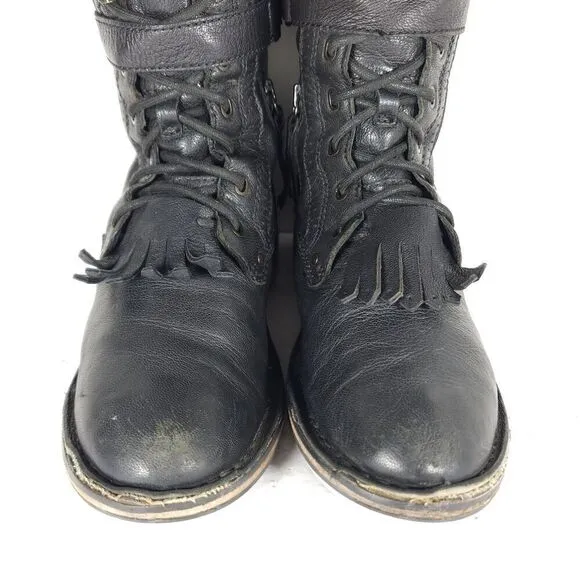 UGG Women's Jenna US8 Black Leather Sheepskin Lined Lace Up Strap Biker Boots