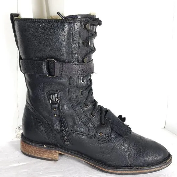 UGG Women's Jenna US8 Black Leather Sheepskin Lined Lace Up Strap Biker Boots