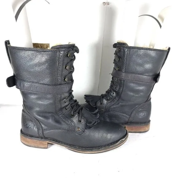 UGG Women's Jenna US8 Black Leather Sheepskin Lined Lace Up Strap Biker Boots