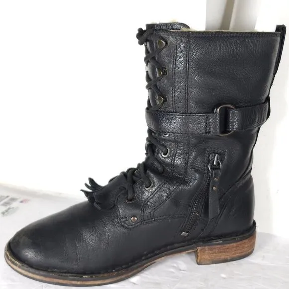 UGG Women's Jenna US8 Black Leather Sheepskin Lined Lace Up Strap Biker Boots