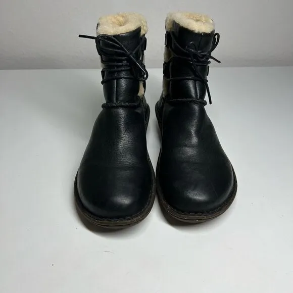 Ugg black leather fur lined tie around winter boots. Size 6