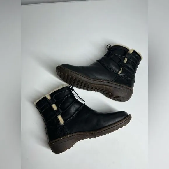 Ugg black leather fur lined tie around winter boots. Size 6