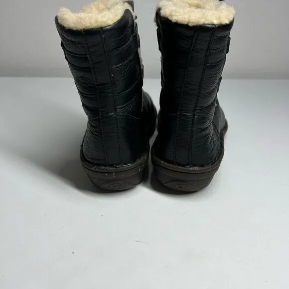 Ugg black leather fur lined tie around winter boots. Size 6