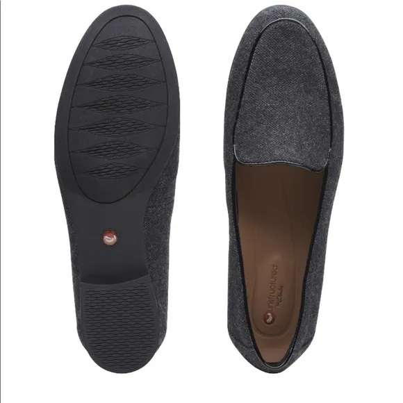 UnBlush Ease by Clark’s Gray Wool Blend Loafers Black Patent Thin Trim Size 8