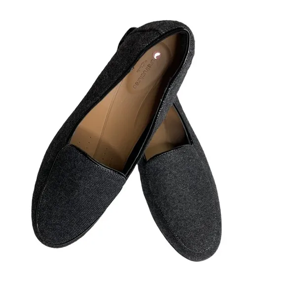 UnBlush Ease by Clark’s Gray Wool Blend Loafers Black Patent Thin Trim Size 8
