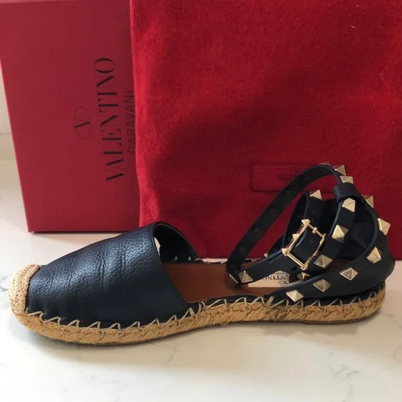 VALENTINO  GARAVANI Navy Blue Leather Rockstud Ankle Strap Espadrilles SZ 35