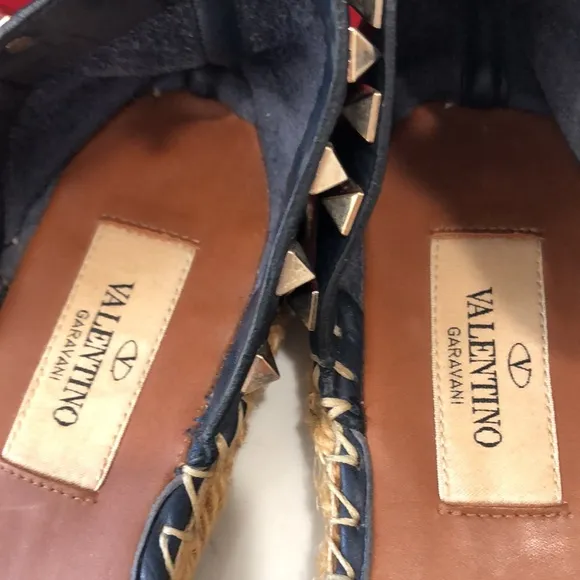 VALENTINO  GARAVANI Navy Blue Leather Rockstud Ankle Strap Espadrilles SZ 35