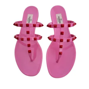 Valentino Garavani Rockstud Pink Red Thong Sandals Flat Rubber Flip Flop 7 37