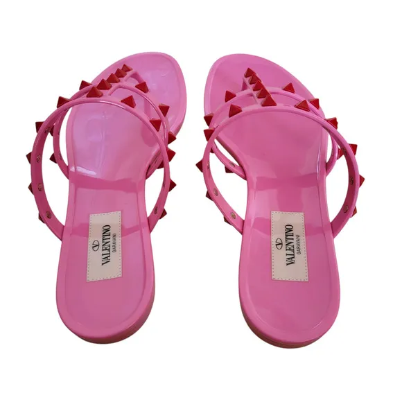 Valentino Garavani Rockstud Pink Red Thong Sandals Flat Rubber Flip Flop 7 37