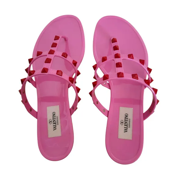 Valentino Garavani Rockstud Pink Red Thong Sandals Flat Rubber Flip Flop 7 37