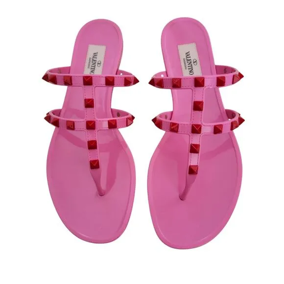 Valentino Garavani Rockstud Pink Red Thong Sandals Flat Rubber Flip Flop 7 37