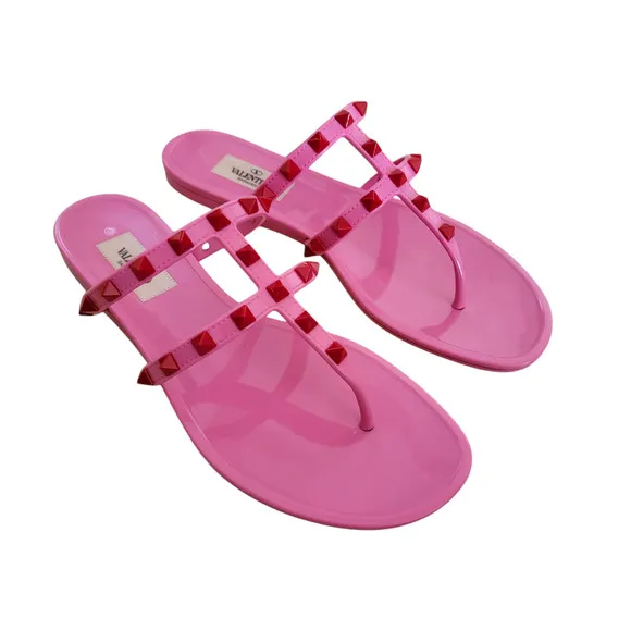 Valentino Garavani Rockstud Pink Red Thong Sandals Flat Rubber Flip Flop 7 37