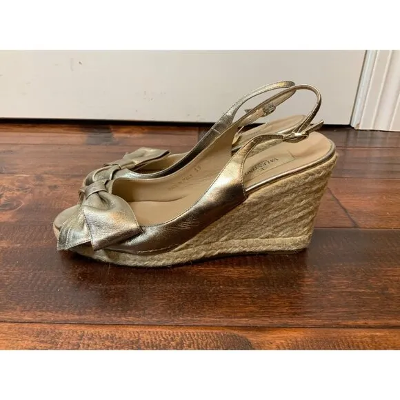 Valentino Garavani Silver Leather Bow Espadrilles Wedge Heels, Size 9 | 39
