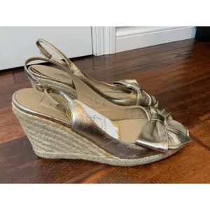 Valentino Garavani Silver Leather Bow Espadrilles Wedge Heels, Size 9 | 39
