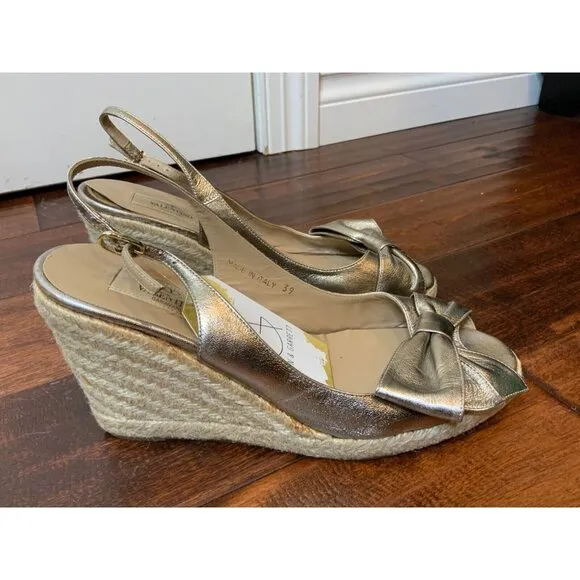 Valentino Garavani Silver Leather Bow Espadrilles Wedge Heels, Size 9 | 39