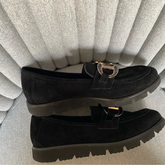 Vaneli Black and Gold Flats with Metal Buckle