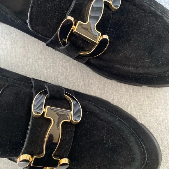Vaneli Black and Gold Flats with Metal Buckle