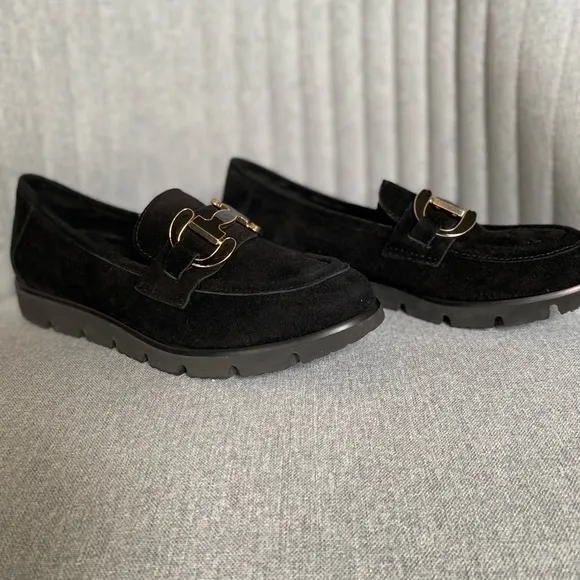 Vaneli Black and Gold Flats with Metal Buckle