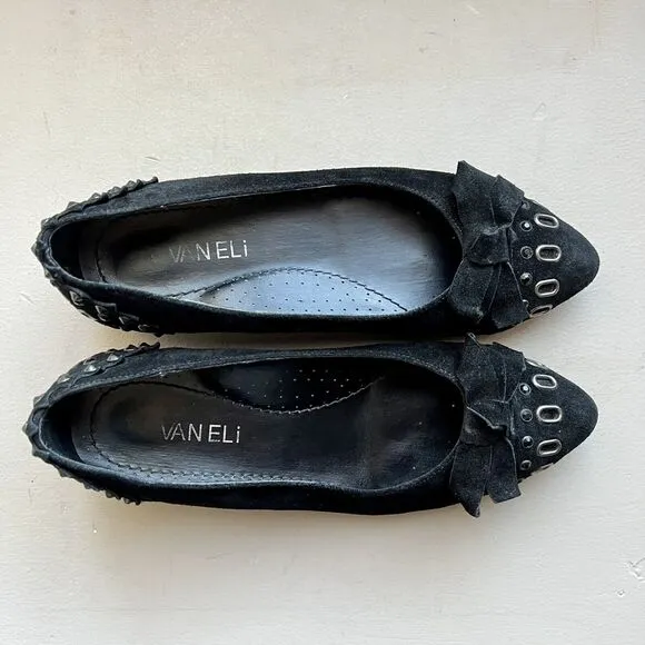 Vaneli Thisbe Black Suede Embellished Flats w/ Pointed Toes Women’s Size 6.5 M