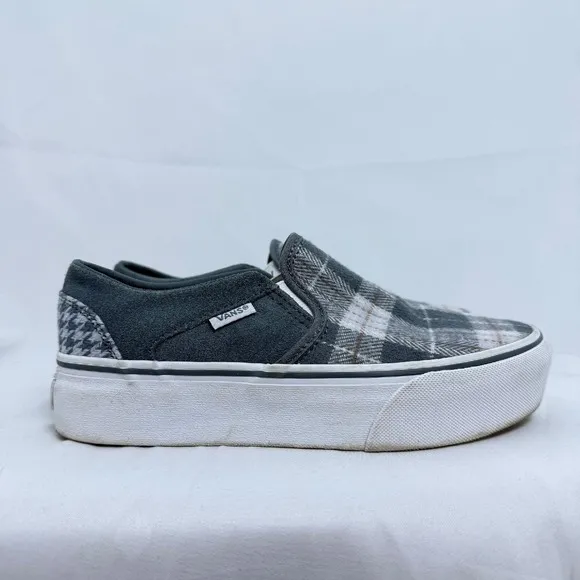 Vans Asher Platform Slip On Sneakers Plaid Houndstooth Skate Shoes Women's 6.5