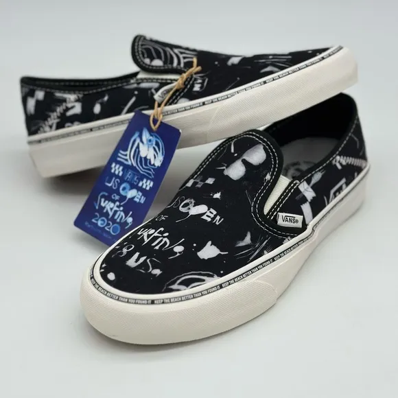 Vans Black and White Slip-On Sneakers with Graphic Design
