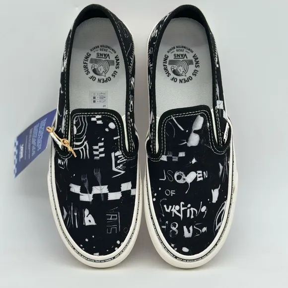 Vans Black and White Slip-On Sneakers with Graphic Design