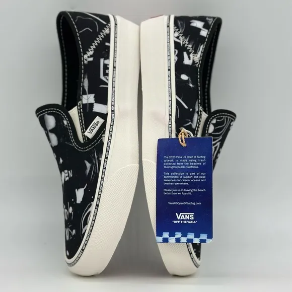 Vans Black and White Slip-On Sneakers with Graphic Design