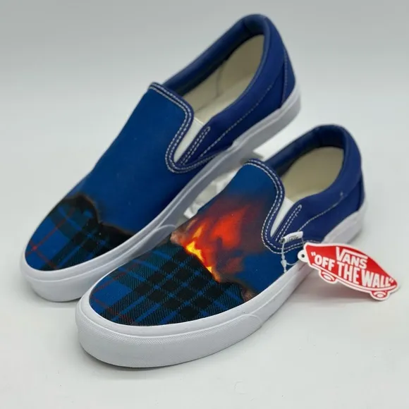 Vans Blue Slip-On Sneakers with Flame Design