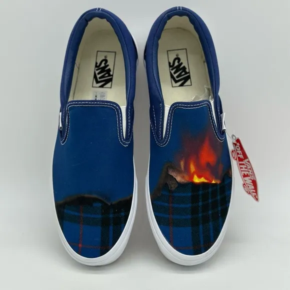 Vans Blue Slip-On Sneakers with Flame Design