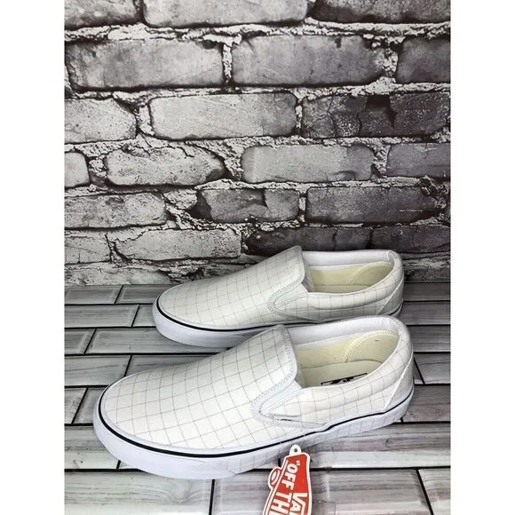 Vans Classic Slip-On Checkerboard Day White Canvas Sneakers Shoes Women 9.5M US