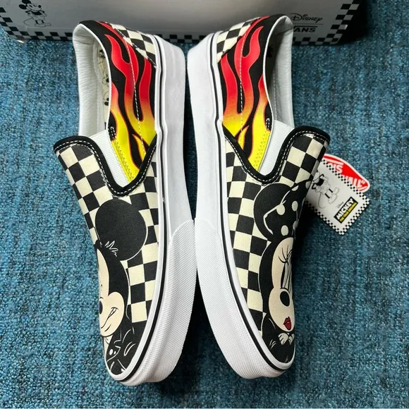 Vans x Disney Mickey and Minnie Flame Classic Slip On Sneakers Limited Edition